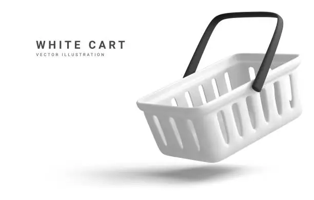 Vector illustration of Realistic shopping cart is flying isolated on white background. Empty shopping basket. Vector illustration
