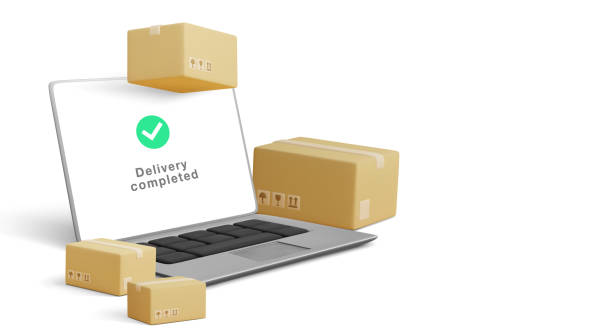 istock Online delivery banner with 3d realistic laptop and parcels in realistic style. Vector illustration 1400187773