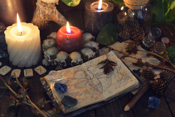 istock Wicca, esoteric and occult still life with vintage magic objects and candles on witch table altar for mystic rituals and fortune telling. Halloween and gothic concept 1400187827