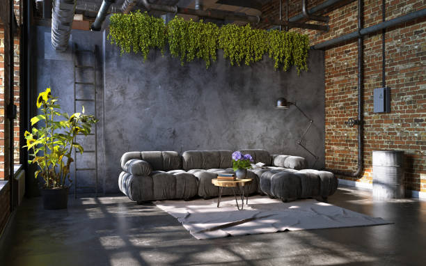 istock Industrial style of dark living room interior, 3d render 1400188621