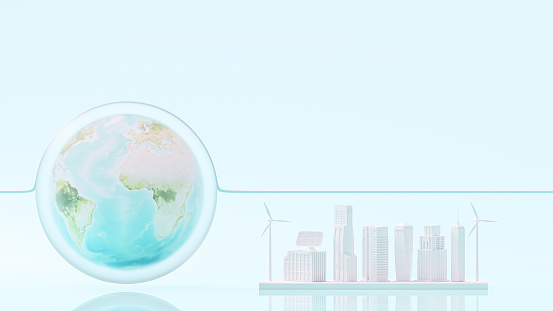 Globe and white city Clean electric power from renewable energy sources, sun and wind. environmental and ecology concepts. space for banner design for sustainable energy development. 3d Render.