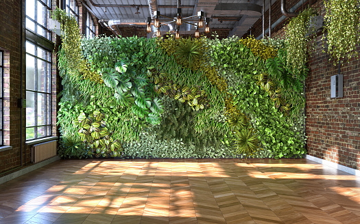 Estilo industrial de diseño de sala de estar con pared verde, render 3D photo