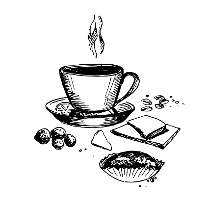 Hand Drawn Still Life with Coffee Cup. Sketch Coffee Illustration In Monochrome Style. Vintage Sketch. Great for Label, Banner, Poster