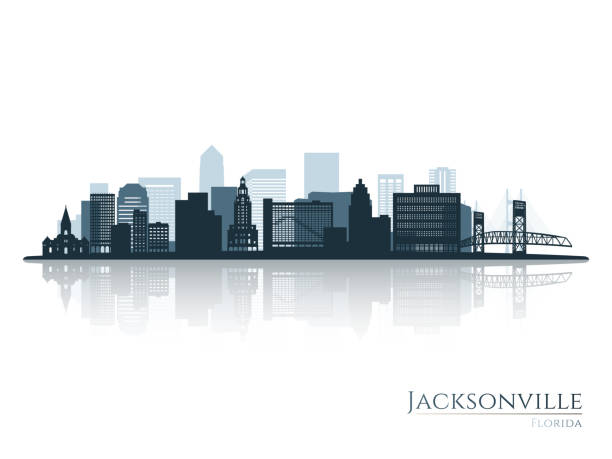 Jacksonville skyline silhouette with reflection. Landscape Jacksonville, Florida. Vector illustration. Jacksonville skyline silhouette with reflection. Landscape Jacksonville, Florida. Vector illustration. bridge silhouette vector isolated stock illustrations