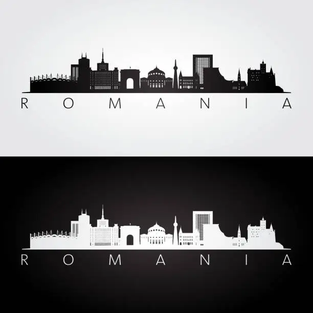 Vector illustration of Romania skyline and landmarks silhouette, black and white design, vector illustration.