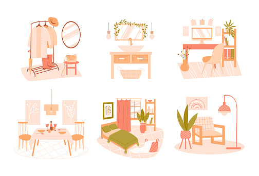 Set Of Different Home Interiors Stock Illustration - Download Image Now ...
