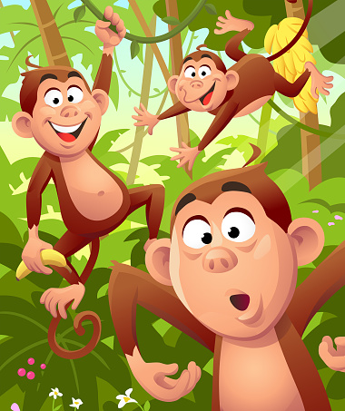 Vector illustration of three cheerful monkeys jumping and swinging on lianas in the jungle.