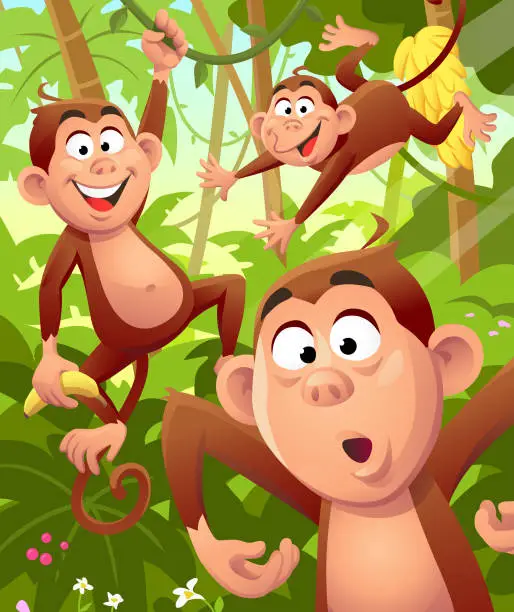 Vector illustration of Cheerful Monkeys In The Jungle