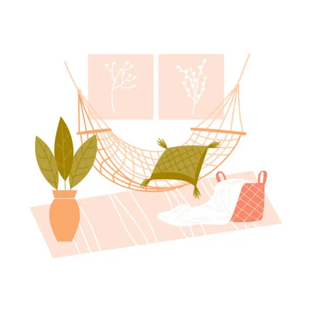 Vector illustration of A hammock, houseplant, carpet, basket with a blanket