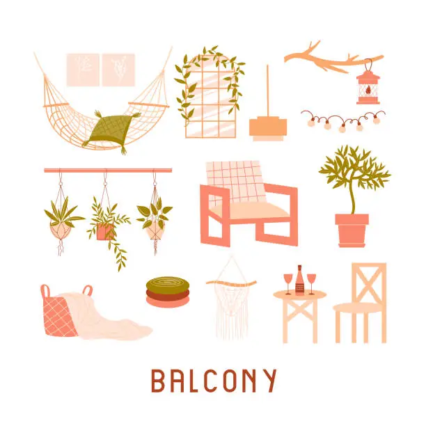 Vector illustration of Collection of furniture for a balcony