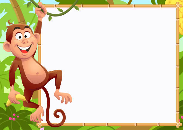 Monkey Swinging In Front Of A Sign A cheerful monkey with a banana swinging on a liana in front of a bamboo sign in the jungle. Vector illustration with space for text. banana borders stock illustrations