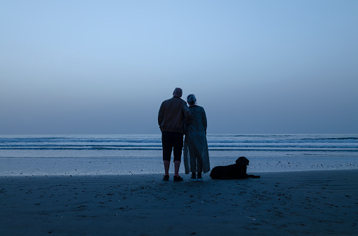Silhouette of couple and their dog on beach during sunrise. Cabo de Gata Nature Park, Almeria, Spain