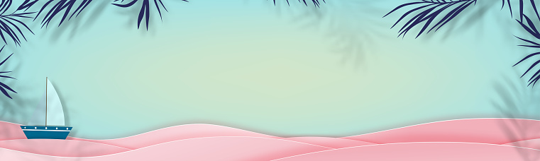 Summer background beach vacation holiday theme blue palm leaf frame  and pink wave layer on sea blue, Vector illustration vertical banner paper cut tropical summer design element for Sale or Promotion