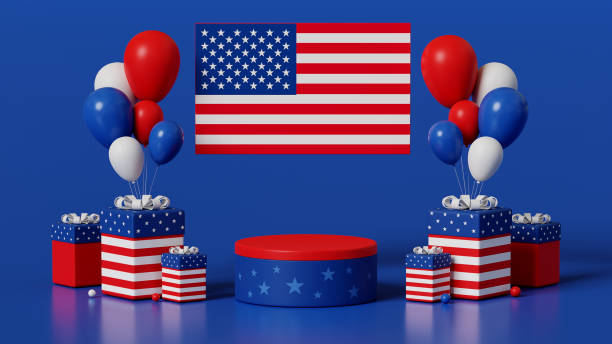3d rendering podium united states of america independence day 202 - model home house balloon sign imagens e fotografias de stock