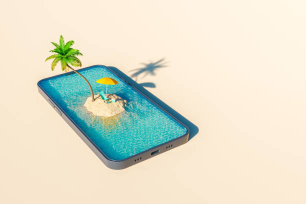Smartphone with palm and deckchair on seashore on screen