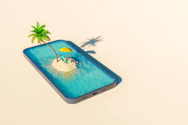 From above 3D rendering of palm tree with sunbed and parasol on island surrounded by wavy sea on screen of modern smartphone on sunny day