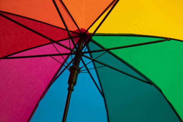 istock Raindrops on a colored umbrella. Rainy weather concept 1400199942