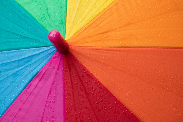 istock Raindrops on a colored umbrella. Rainy weather concept 1400201531