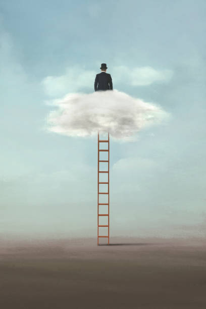 businessman on a ladder dreams of the future in the clouds - ölüm illüstrasyonlar stock illustrations