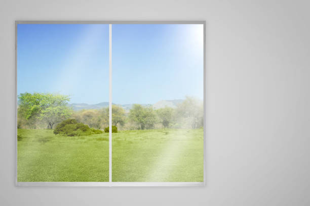 Room with meadow and blue sky view from the window glass with a black wall background