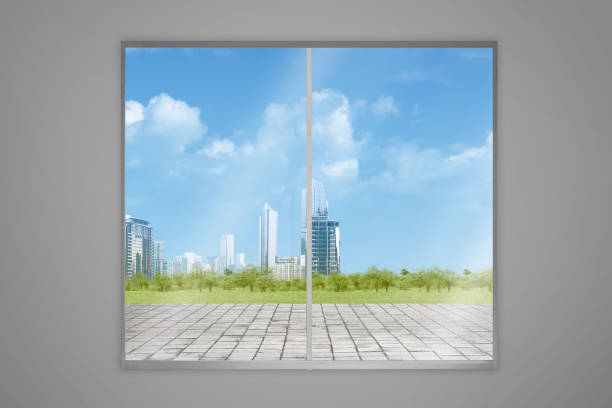Room with skyscrapers and blue sky view from the window glass with a black wall background