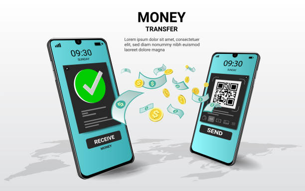 online-geldtransfer auf handy-anwendung mit für finanztransaktionen, geld online, online-zahlung, geschäftsfinanzierung, mobile banking. website, banner. 3d-vektor-illustration - send stock-grafiken, -clipart, -cartoons und -symbole