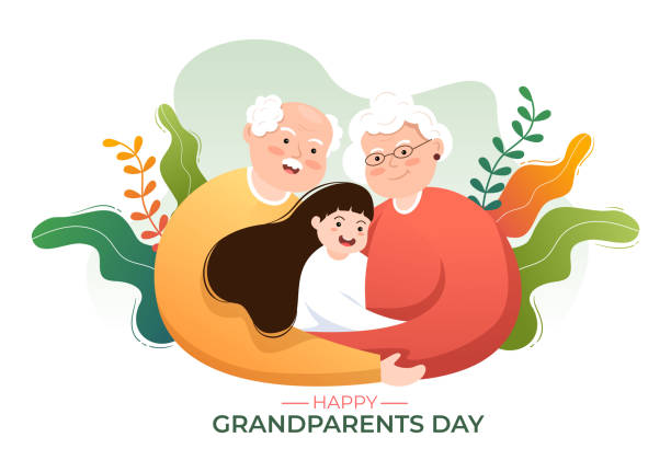 happy grandparents day urocza ilustracja z kreskówki z wnukiem, starszą parą, dekoracją kwiatową, dziadkiem i babcią w płaskim stylu na plakat - grandparent grandfather grandchild grandmother stock illustrations