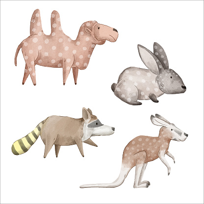 This watercolor set of animals consists of 4 species of animal, camel, rabbit, raccoon, kangaroo,