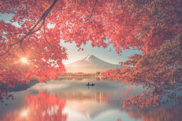 Colorful Autumn Season and Mountain Fuji with morning fog and red leaves at lake Kawaguchiko is one of the best places in Japan Colorful Autumn Season and Mountain Fuji with morning fog and red leaves at lake Kawaguchiko is one of the best places in Japan winter sunrise mountain snow stock pictures, royalty-free photos & images