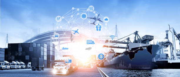 istock World map with logistic network distribution on background. Logistic and transport concept in front Container Cargo freight ship for Concept of fast or instant shipping, Online goods orders worldwide 1400204020
