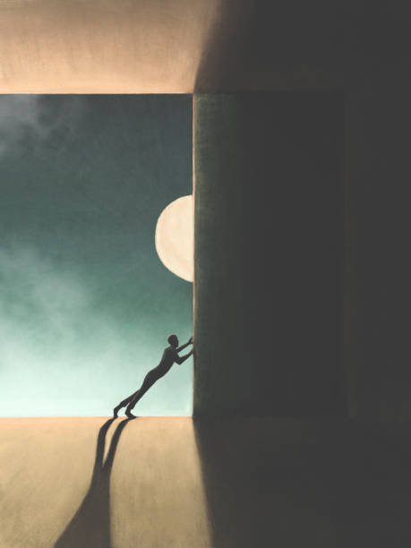 ilustracja przedstawiająca człowieka otwierającego wielką bramę, aby pokazać wczesne poranne słońce, surrealistyczną koncepcję - dreams window bizarre surreal stock illustrations