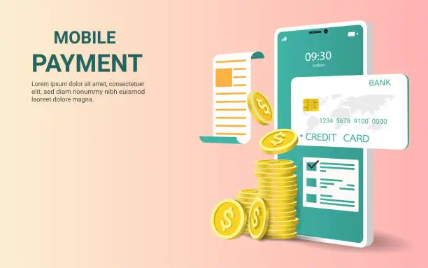 Vector illustration of Online payment on mobile phone with credit card and Electronic bill, Financial transaction, Money transfers, Money online, business finance. Vector illustration. Concept mobile payments