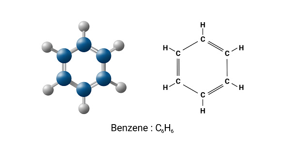Benzene Molecule Structure, Organic chemical compound, Structural formula. Concept for basic chemistry, education. Vector illustration