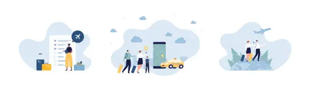 Vector illustration of Travel concept and taxi transportation collection. Vector flat illustration set. Group of male and female tourist family with baggage. Car, airplane, planet earth, task list and smartphone symbol.