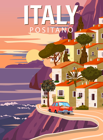 Retro Poster Italy, mediterranean romantic landscape, road, car, mountains, seaside town, sailboat, sea. Retro travel poster, postcard vector illustration isolated
