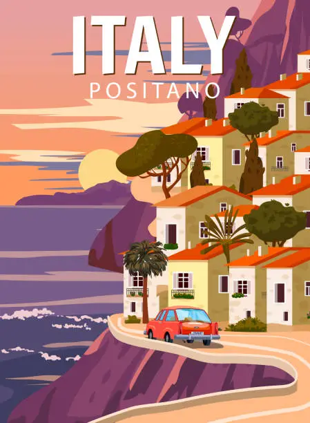 Vector illustration of Retro Poster Italy, mediterranean romantic landscape, road, car, mountains, seaside town, sailboat, sea. Retro travel poster