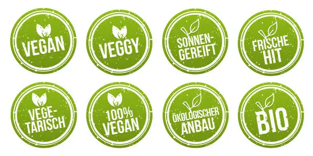 Vector illustration of Vegan Button and Vegetarian Banner Set. Organic and organic farming.