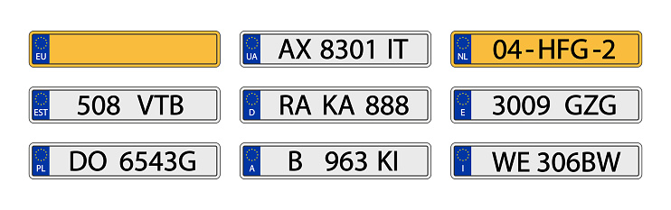 Plate car with number. Plate car license. European registration of vehicle. Sign of europe licence. Euro numberplate of auto. Icon of eu, germany, poland, netherlands, spain and italy. Vector.