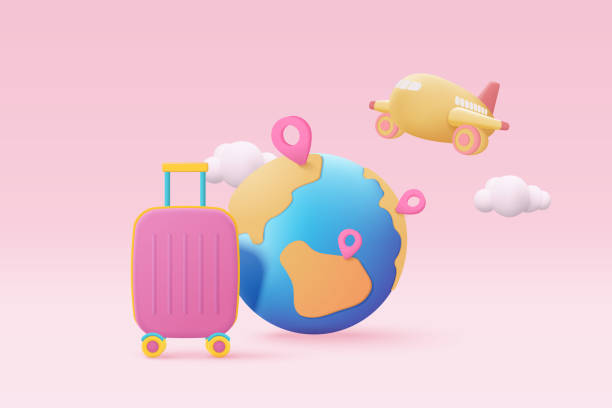 illustrazioni stock, clip art, cartoni animati e icone di tendenza di valigia 3d con passaporto d'identità e pianificazione del viaggio turistico in aereo. pianificazione del viaggio in aereo turistico tour mondiale con borsa da viaggio sul concetto estivo di vacanza. illustrazione di rendering vettoriale dell'icona 3d - compass exploration map globe