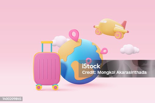 istock 3D suitcase with identity passport and flight plane travel tourism trip planning. Tourism plane trip planning world tour with travel bag on holiday summer concept. 3d icon vector render illustration 1400209845