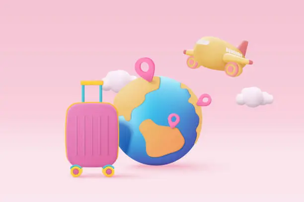 Vector illustration of 3D suitcase with identity passport and flight plane travel tourism trip planning. Tourism plane trip planning world tour with travel bag on holiday summer concept. 3d icon vector render illustration