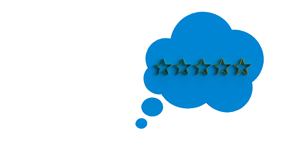 5-Star Review Feedback and rate us 3D speech bubble concept: Five gold star thought balloon of talking customer in product rating chat. Consumer experience satisfaction on quality service excellence. User reviews of rated speeches with stars. Notification message. Horizontal composition with copy space. Set of 14