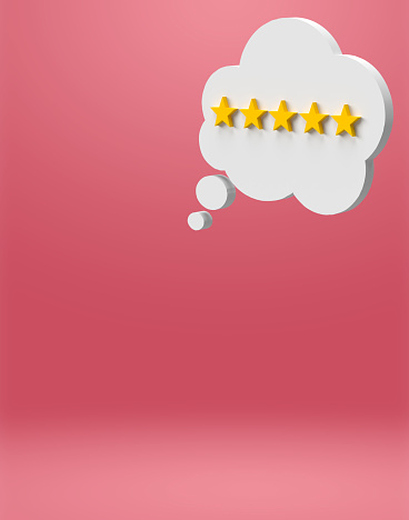 5-Star Review Feedback and rate us 3D speech bubble concept: Five gold star thought balloon of talking customer in product rating chat. Consumer experience satisfaction on quality service excellence. User reviews of rated speeches with stars. Notification message. Horizontal composition with copy space. Set of 14