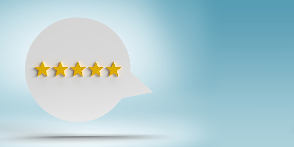 5-Star Review Feedback and rate us 3D speech bubble concept: Five gold star thought balloon of talking customer in product rating chat. Consumer experience satisfaction on quality service excellence. User reviews of rated speeches with stars. Notification message. Horizontal composition with copy space. Set of 14