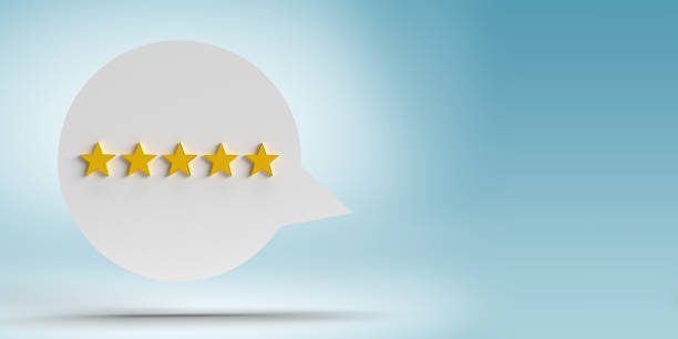 Five Star white speech balloon on blue background, copy space stock photo
