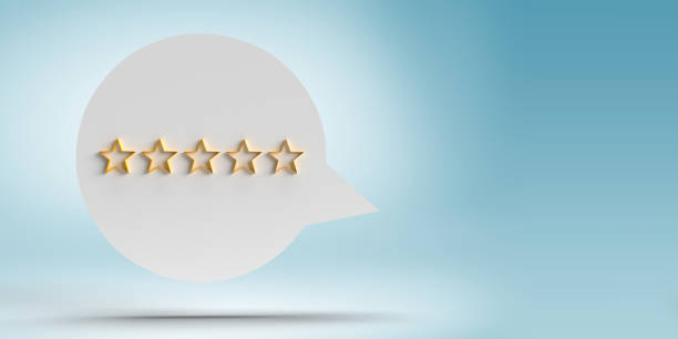Rate our service empty white star speech bubble on blue background, copy space stock photo