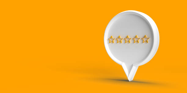 Rate our service empty white star speech bubble on orange background, copy space stock photo