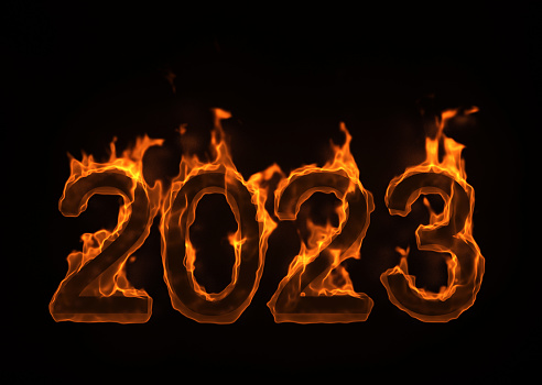 burning numbers 2023 isolated on black. 3d rendering