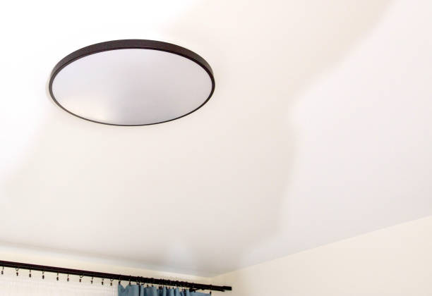 istock Modern bright LED ceiling light in the room. Copy space for text 1400211989