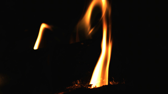 Closeup of burning red fire wood on black background. Burning firewood in the fireplace